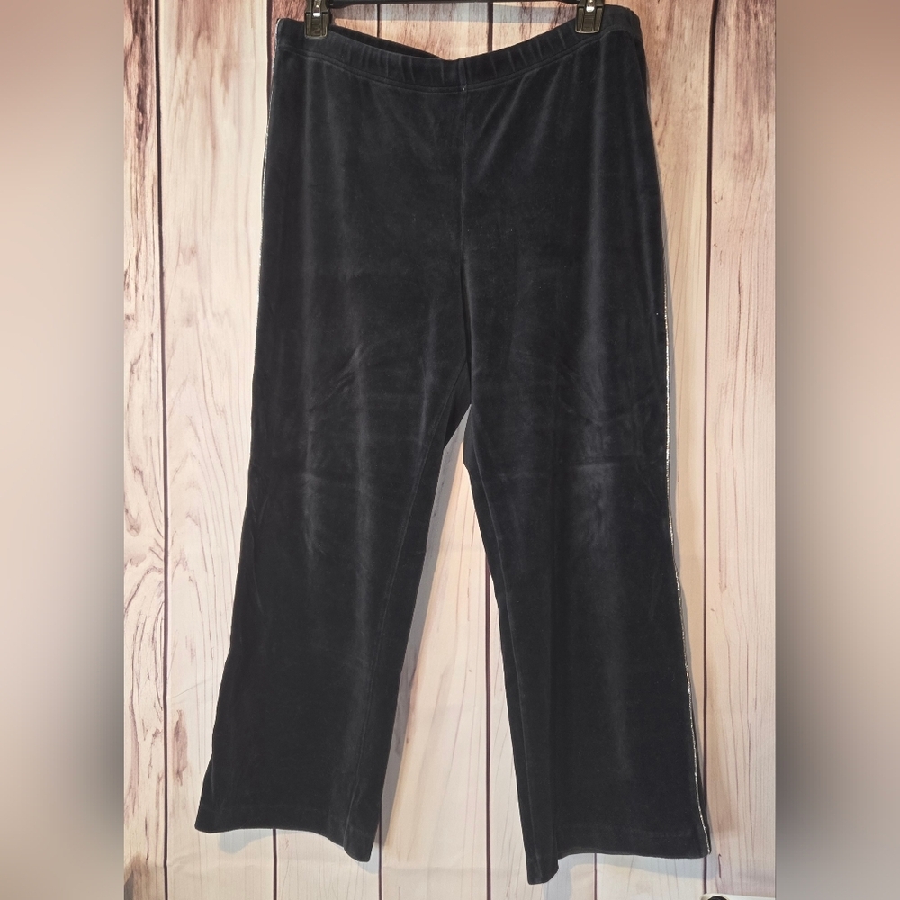 Ralph Lauren Activewear Black Velour Wide Leg Track Pants Silver Stripe Size XL